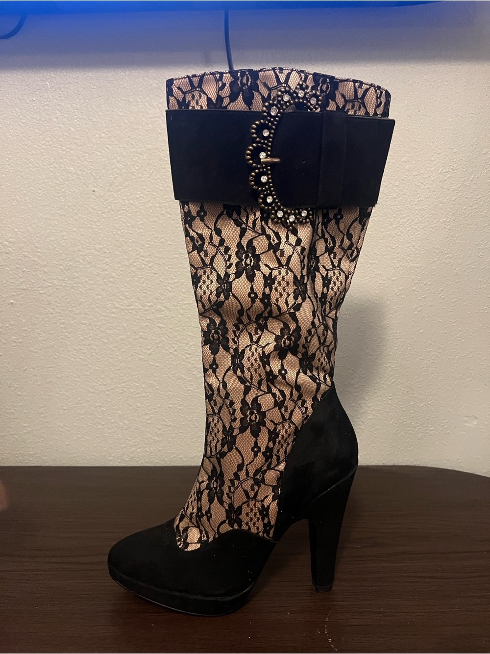 Hale Bob Black Lace-Overlay High Heel Knee Boot with Embellished Buckle - Picture 4 of 6
